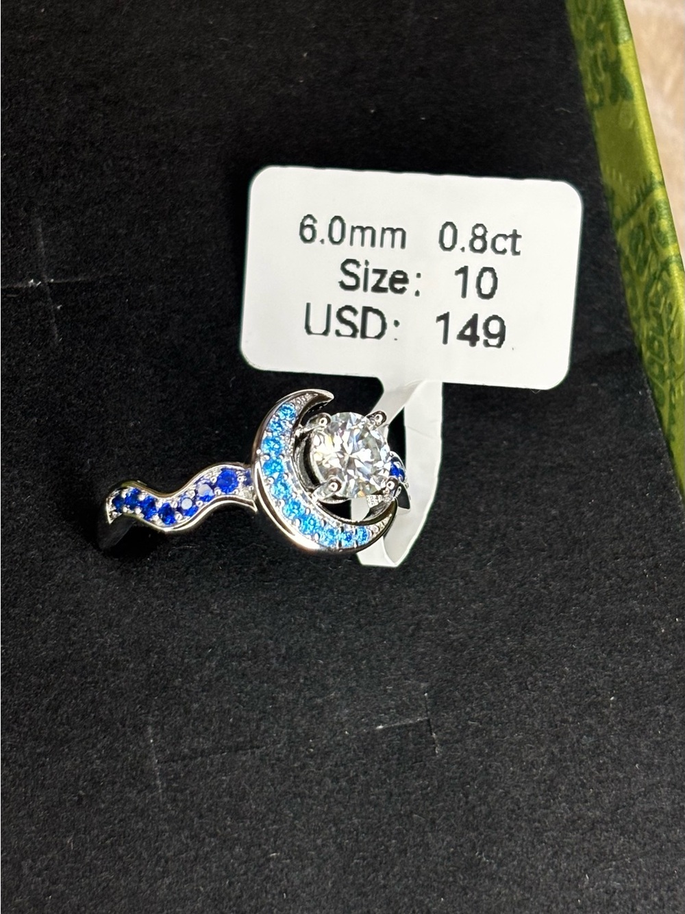 Silver Moon & Wave Blue moissanite  Ring - Size 10